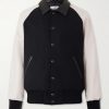 Collared Raglan Leather Trimmed Wool-Blend Bomber Jacket Collared Raglan Leather Trimmed Wool-Blend Bomber Jacket