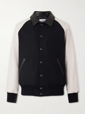 Collared Raglan Leather Trimmed Wool-Blend Bomber Jacket