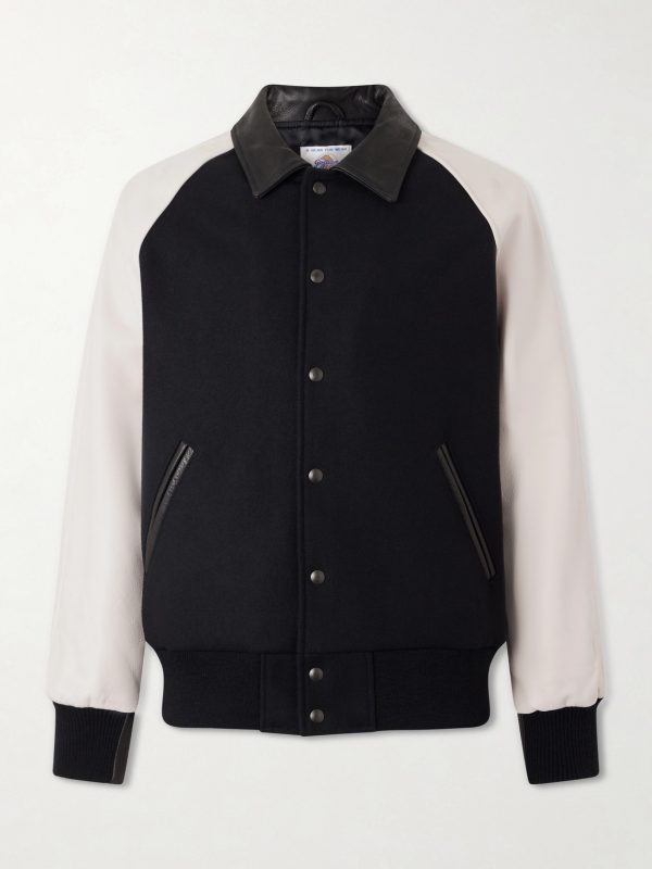 Collared Raglan Leather Trimmed Wool-Blend Bomber Jacket Collared Raglan Leather Trimmed Wool-Blend Bomber Jacket