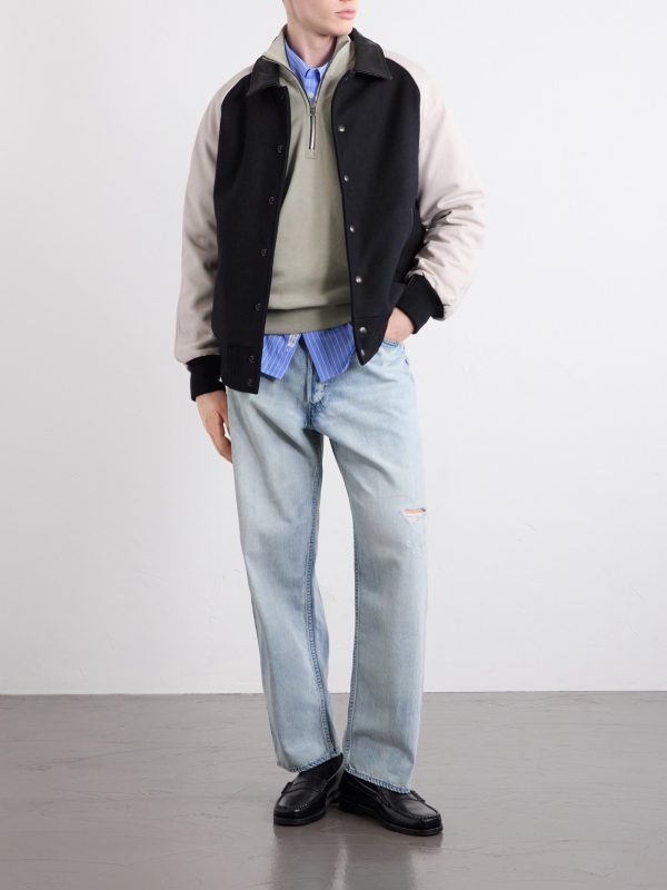 Collared Raglan Leather Trimmed Wool-Blend Bomber Jacket - OU Collared Raglan Leather Trimmed Wool-Blend Bomber Jacket - OU