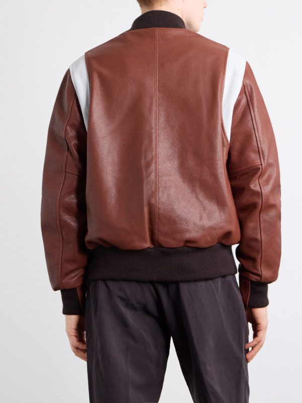 Perforated Fabric Trimmed Leather Jacket - BK Perforated Fabric Trimmed Leather Jacket - BK