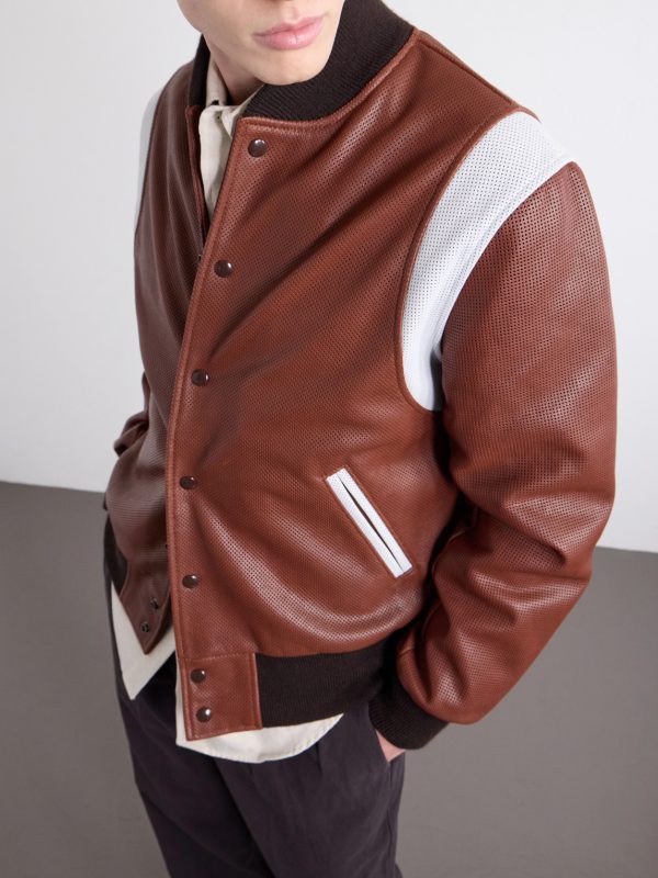Perforated Fabric Trimmed Leather Jacket - CU Perforated Fabric Trimmed Leather Jacket - CU