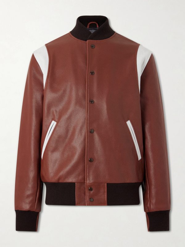 Perforated Fabric Trimmed Leather Jacket Perforated Fabric Trimmed Leather Jacket