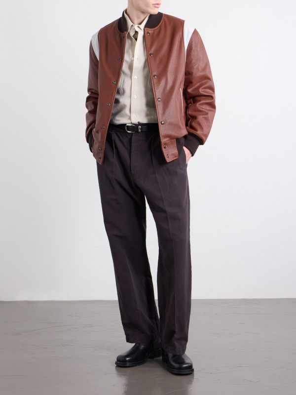 Perforated Fabric Trimmed Leather Jacket - OU Perforated Fabric Trimmed Leather Jacket - OU