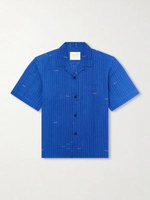 Ronald Convertible-Collar Embroidered Striped Cotton Shirt Ronald Convertible-Collar Embroidered Striped Cotton Shirt