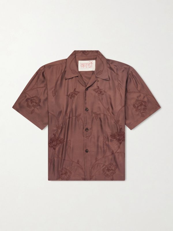 Rohit Convertible-Collar Floral-Embroidered Silk-Satin Shirt