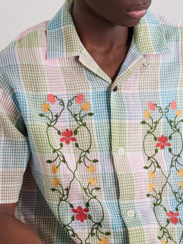 Ronen Camp-Collar Floral-Embroidered Checked Cotton and Linen-Blend Shirt - CU Ronen Camp-Collar Floral-Embroidered Checked Cotton and Linen-Blend Shirt - CU
