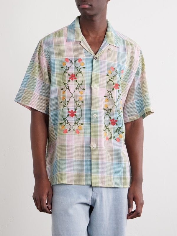 Ronen Camp-Collar Floral-Embroidered Checked Cotton and Linen-Blend Shirt - FR Ronen Camp-Collar Floral-Embroidered Checked Cotton and Linen-Blend Shirt - FR