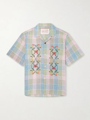 Ronen Camp-Collar Floral-Embroidered Checked Cotton and Linen-Blend Shirt Ronen Camp-Collar Floral-Embroidered Checked Cotton and Linen-Blend Shirt