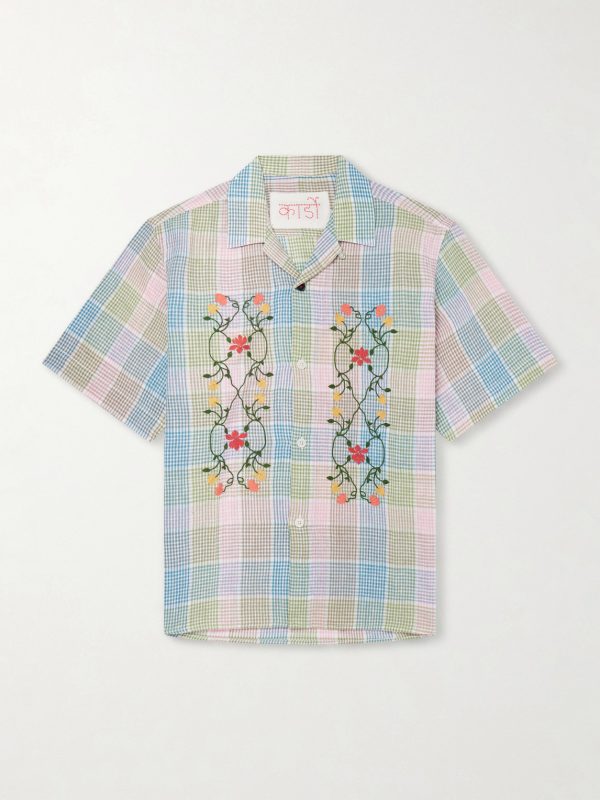 Ronen Camp-Collar Floral-Embroidered Checked Cotton and Linen-Blend Shirt Ronen Camp-Collar Floral-Embroidered Checked Cotton and Linen-Blend Shirt