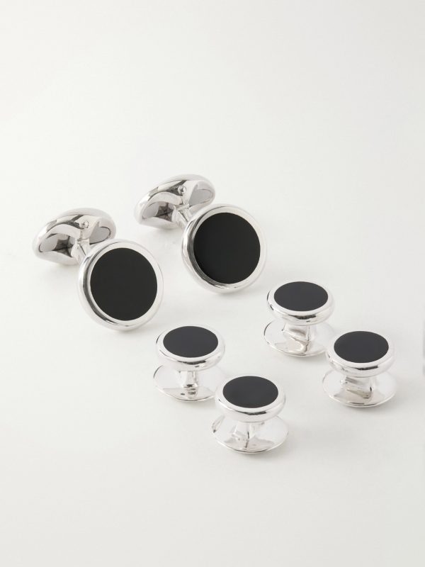 Enamel and Sterling Silver Cufflinks and Dress Studs Set