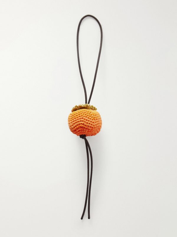 Persimmon Crocheted Cotton and Leather Bag Charm - BK Persimmon Crocheted Cotton and Leather Bag Charm - BK