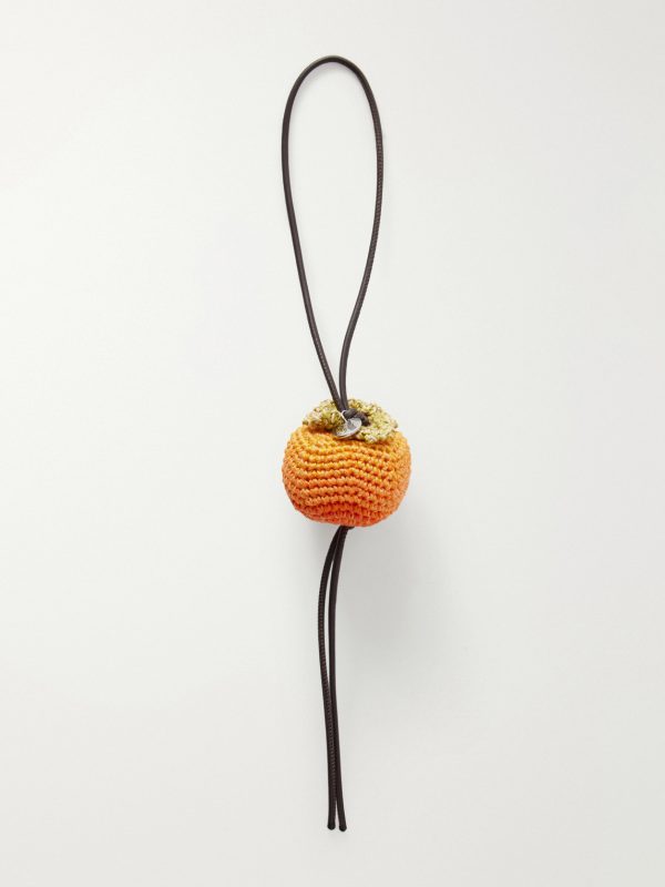 Persimmon Crocheted Cotton and Leather Bag Charm Persimmon Crocheted Cotton and Leather Bag Charm