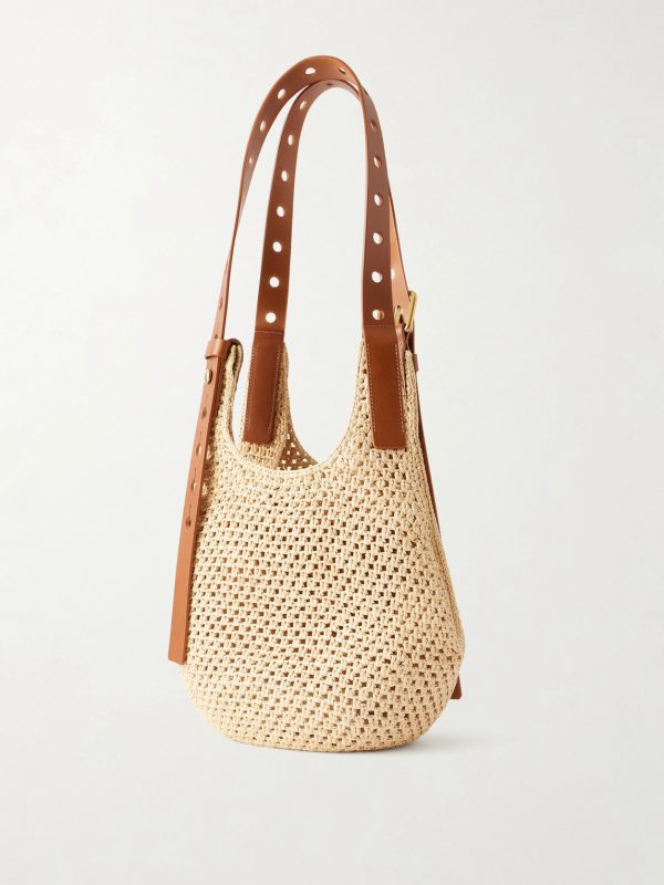 + Paula's Ibiza The Punch Hole Leather-Trimmed Raffia Tote - BK + Paula's Ibiza The Punch Hole Leather-Trimmed Raffia Tote - BK