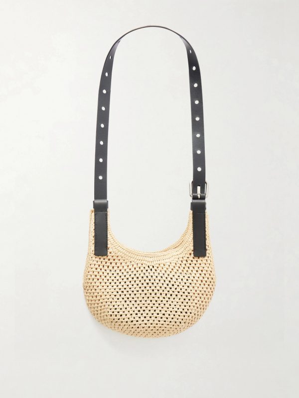 + Paula's Ibiza The Punch Hole Leather-Trimmed Raffia Tote Bag - BK + Paula's Ibiza The Punch Hole Leather-Trimmed Raffia Tote Bag - BK