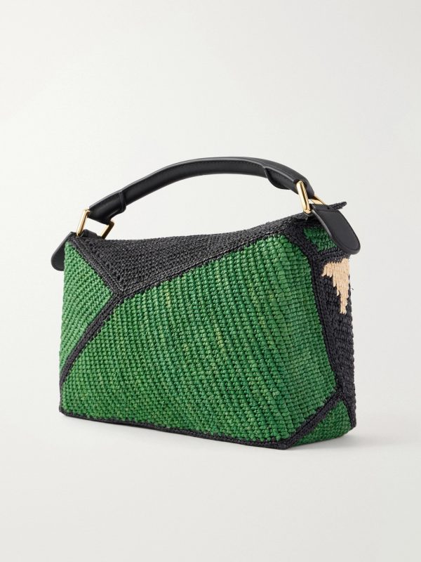 + Paula's Ibiza Puzzle Edge Crocodile leather-trimmed raffia shoulder bag - BK + Paula's Ibiza Puzzle Edge Crocodile leather-trimmed raffia shoulder bag - BK