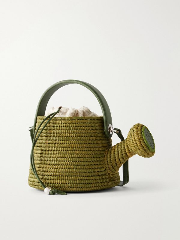 + Paula's Ibiza Watering Can Leather-Trimmed Raffia Messenger Bag - BK + Paula's Ibiza Watering Can Leather-Trimmed Raffia Messenger Bag - BK