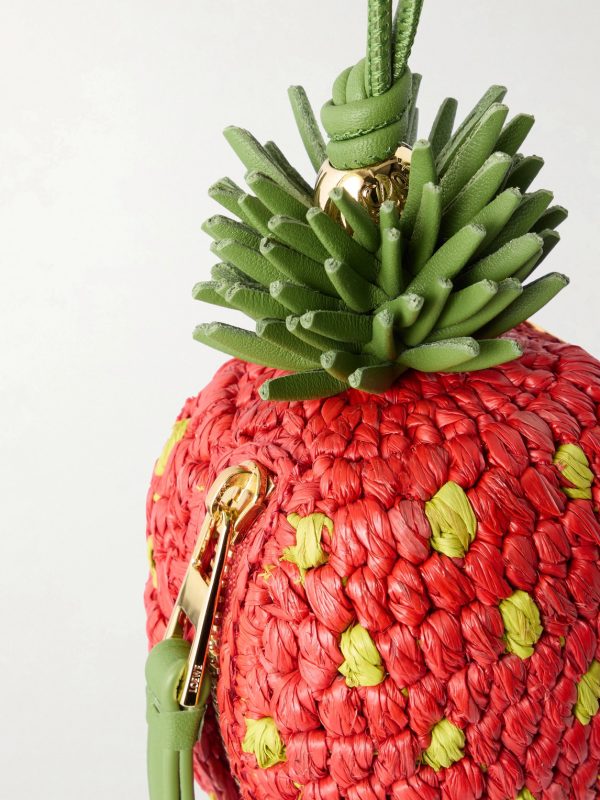 + Paula's Ibiza Strawberry Leather-Trimmed Raffia Pouch - CU + Paula's Ibiza Strawberry Leather-Trimmed Raffia Pouch - CU