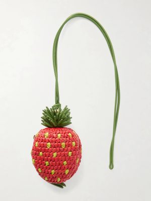 + Paula's Ibiza Strawberry Leather-Trimmed Raffia Pouch + Paula's Ibiza Strawberry Leather-Trimmed Raffia Pouch