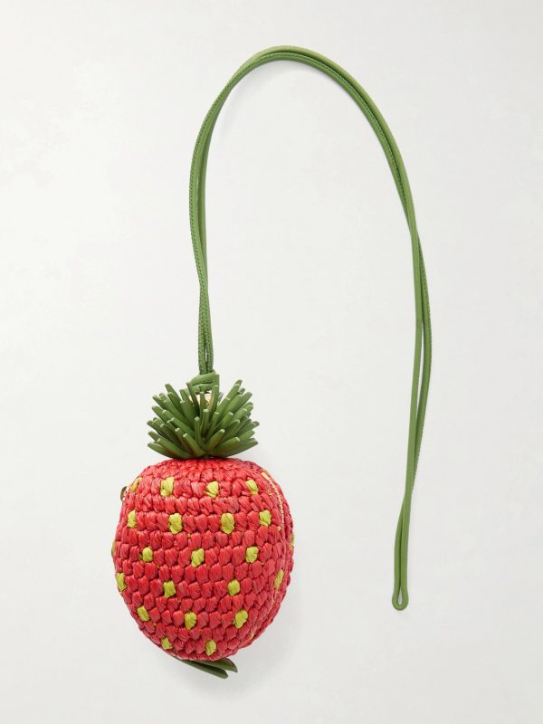 + Paula's Ibiza Strawberry Leather-Trimmed Raffia Pouch + Paula's Ibiza Strawberry Leather-Trimmed Raffia Pouch