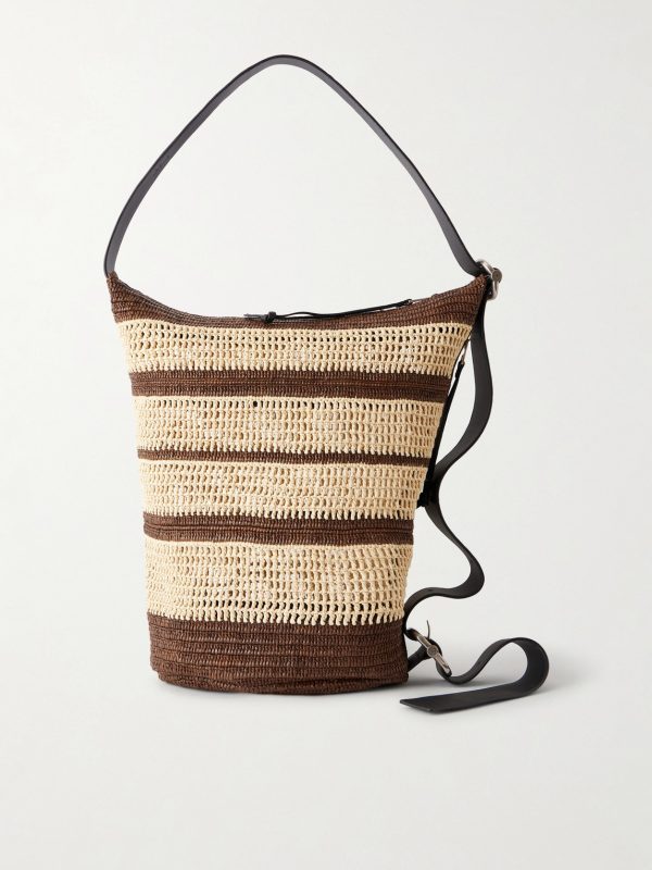 + Paula's Ibiza Loop Bucket Medium Leather-Trimmed Raffia Tote Bag + Paula's Ibiza Loop Bucket Medium Leather-Trimmed Raffia Tote Bag