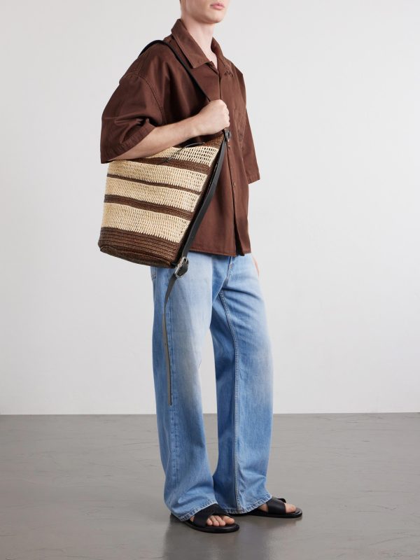 + Paula's Ibiza Loop Bucket Medium Leather-Trimmed Raffia Tote Bag - OU + Paula's Ibiza Loop Bucket Medium Leather-Trimmed Raffia Tote Bag - OU