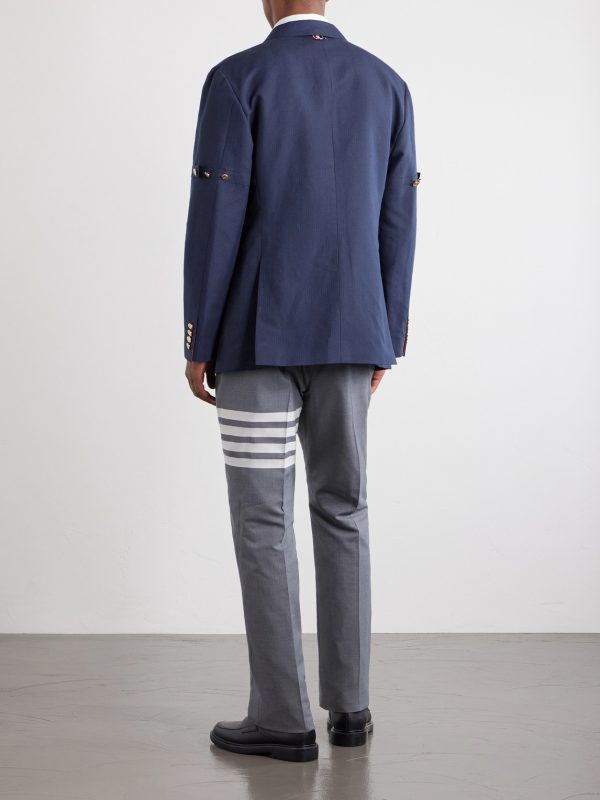 Double-Breasted Striped Cotton and Linen-Blend Blazer - BK Double-Breasted Striped Cotton and Linen-Blend Blazer - BK