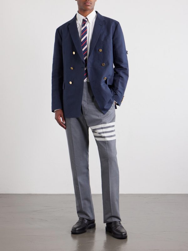 Double-Breasted Striped Cotton and Linen-Blend Blazer - OU Double-Breasted Striped Cotton and Linen-Blend Blazer - OU
