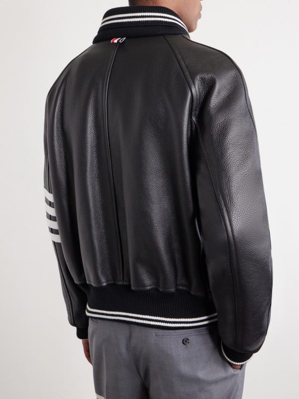 Oversized Striped Leather Bomber Jacket - BK