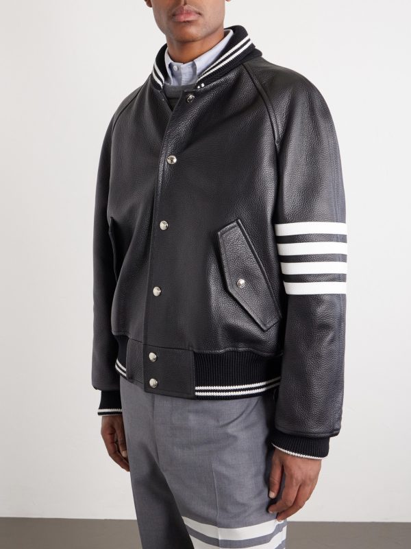 Oversized Striped Leather Bomber Jacket - FR