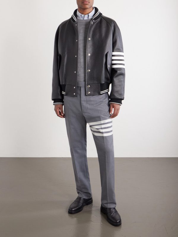 Oversized Striped Leather Bomber Jacket - OU