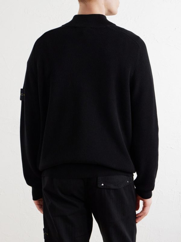 Ribbed Cotton Zip-Up Sweater - BK Ribbed Cotton Zip-Up Sweater - BK