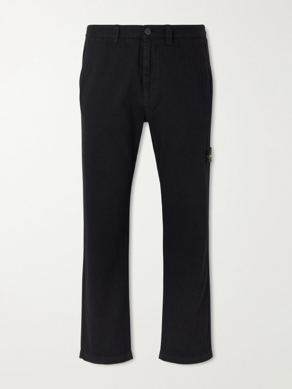 Logo-Appliquéd Straight-Leg Herringbone Cotton Trousers