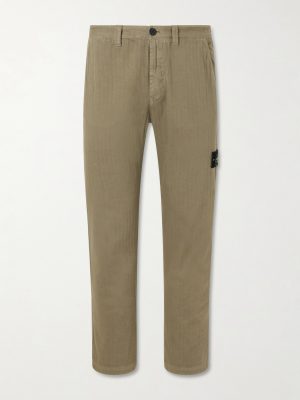 Logo-Appliquéd Straight-Leg Herringbone Cotton Trousers