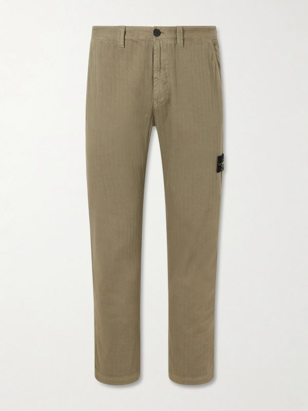 Logo-Appliquéd Straight-Leg Herringbone Cotton Trousers Logo-Appliquéd Straight-Leg Herringbone Cotton Trousers
