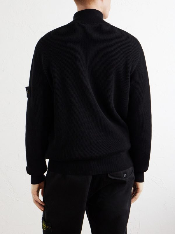 Ribbed Cotton Zip-Up Sweater - BK Ribbed Cotton Zip-Up Sweater - BK