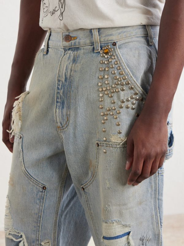 Straight-Leg Distressed Studded Jeans - CU