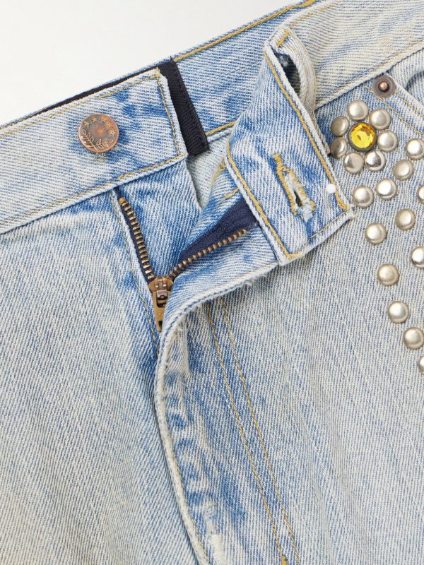Straight-Leg Distressed Studded Jeans - E1