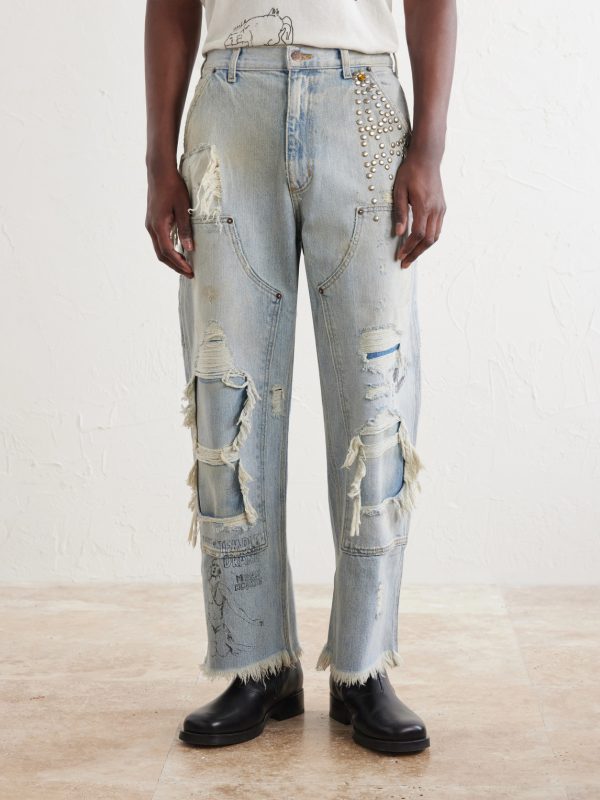 Straight-Leg Distressed Studded Jeans - FR