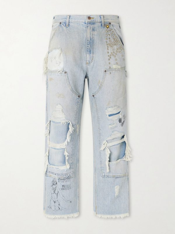 Straight-Leg Distressed Studded Jeans
