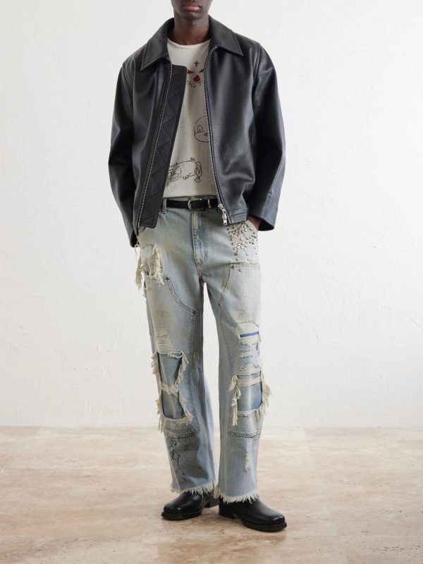Straight-Leg Distressed Studded Jeans - OU