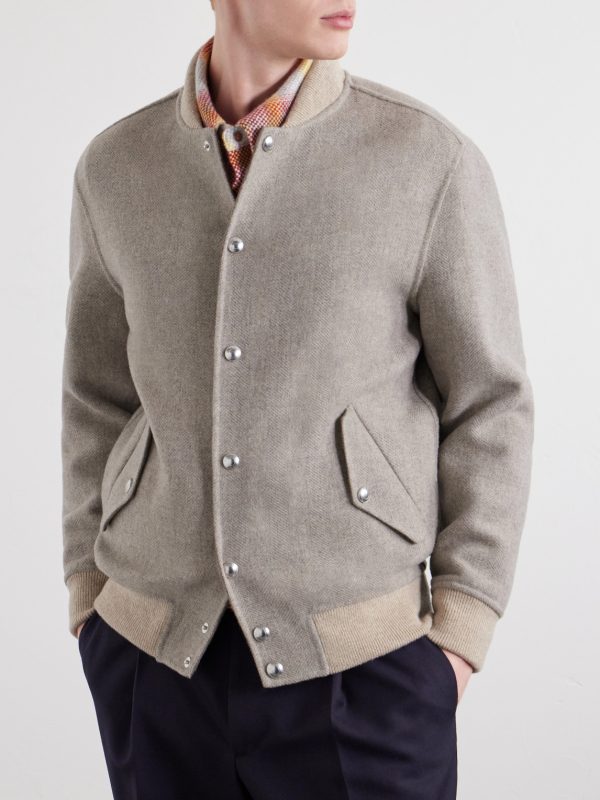 Wool and Cashmere-Blend Herringbone Bomber Jacket - FR Wool and Cashmere-Blend Herringbone Bomber Jacket - FR