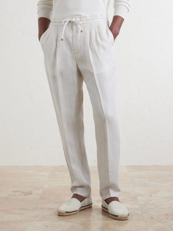Straight-Leg Pinstriped Pleated Linen Trousers - FR Straight-Leg Pinstriped Pleated Linen Trousers - FR