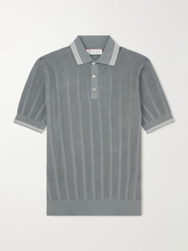 Striped Pointelle-Knit Cotton Polo Shirt