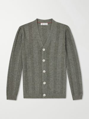 Striped Knitted Linen and Cotton-Blend Cardigan Striped Knitted Linen and Cotton-Blend Cardigan