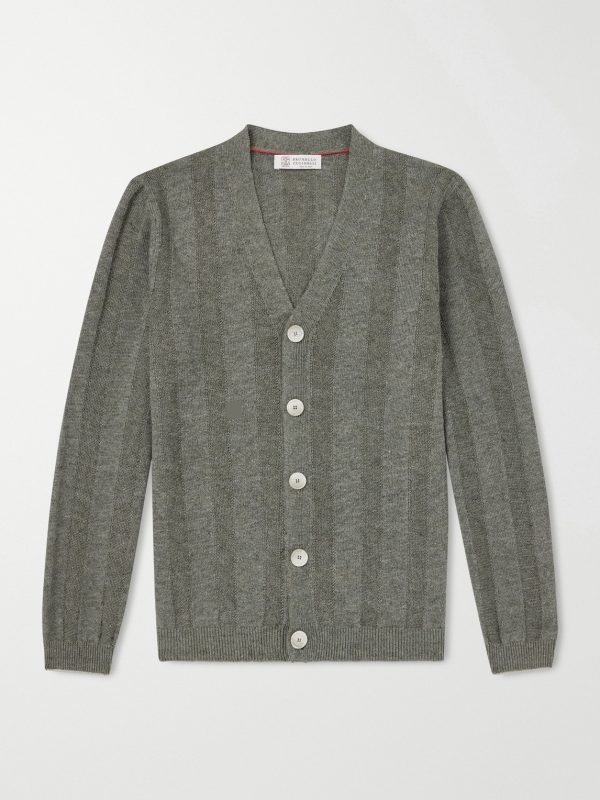 Striped Knitted Linen and Cotton-Blend Cardigan Striped Knitted Linen and Cotton-Blend Cardigan