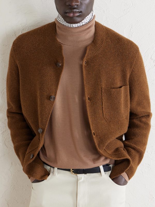 Ribbed Camel Wool, Wool and Cashmere-Blend Cardigan - E1 Ribbed Camel Wool, Wool and Cashmere-Blend Cardigan - E1