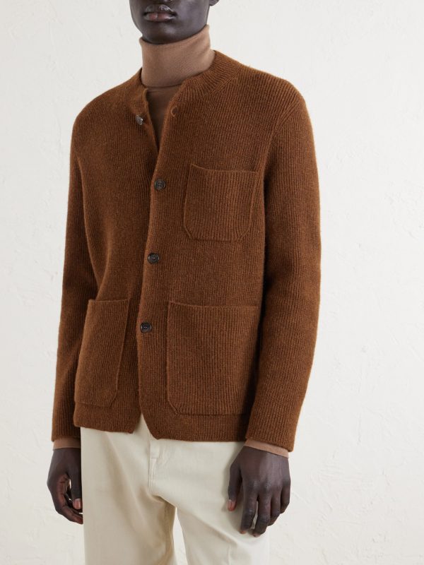 Ribbed Camel Wool, Wool and Cashmere-Blend Cardigan - FR Ribbed Camel Wool, Wool and Cashmere-Blend Cardigan - FR