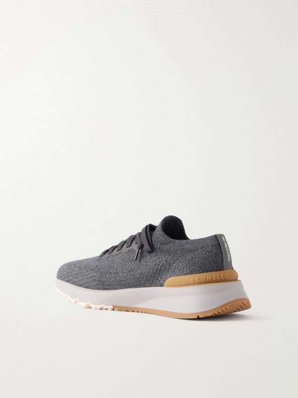Leather-Trimmed Stretch-Knit Sneakers - BK Leather-Trimmed Stretch-Knit Sneakers - BK
