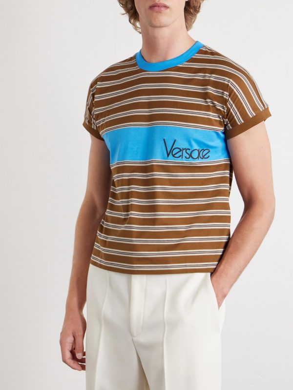 Logo-Embroidered Striped Cotton-Jersey T-Shirt - FR Logo-Embroidered Striped Cotton-Jersey T-Shirt - FR